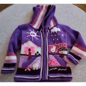 PERUVIAN HAND KNIT PATCHWORK HOODED ZIP UP PURPLE PINK SWEATER NWT